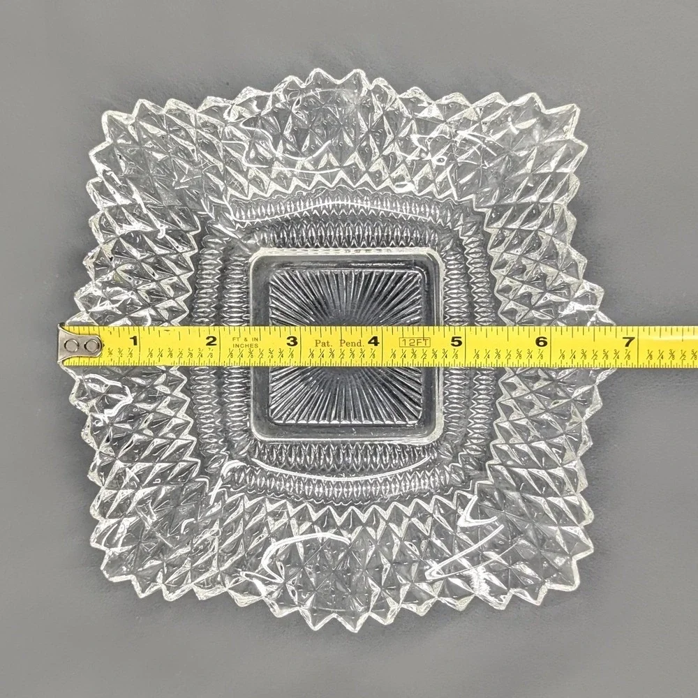 Vintage Clear Pressed Glass Square Candy Dish Sawtooth Rim Diamond Point 7in